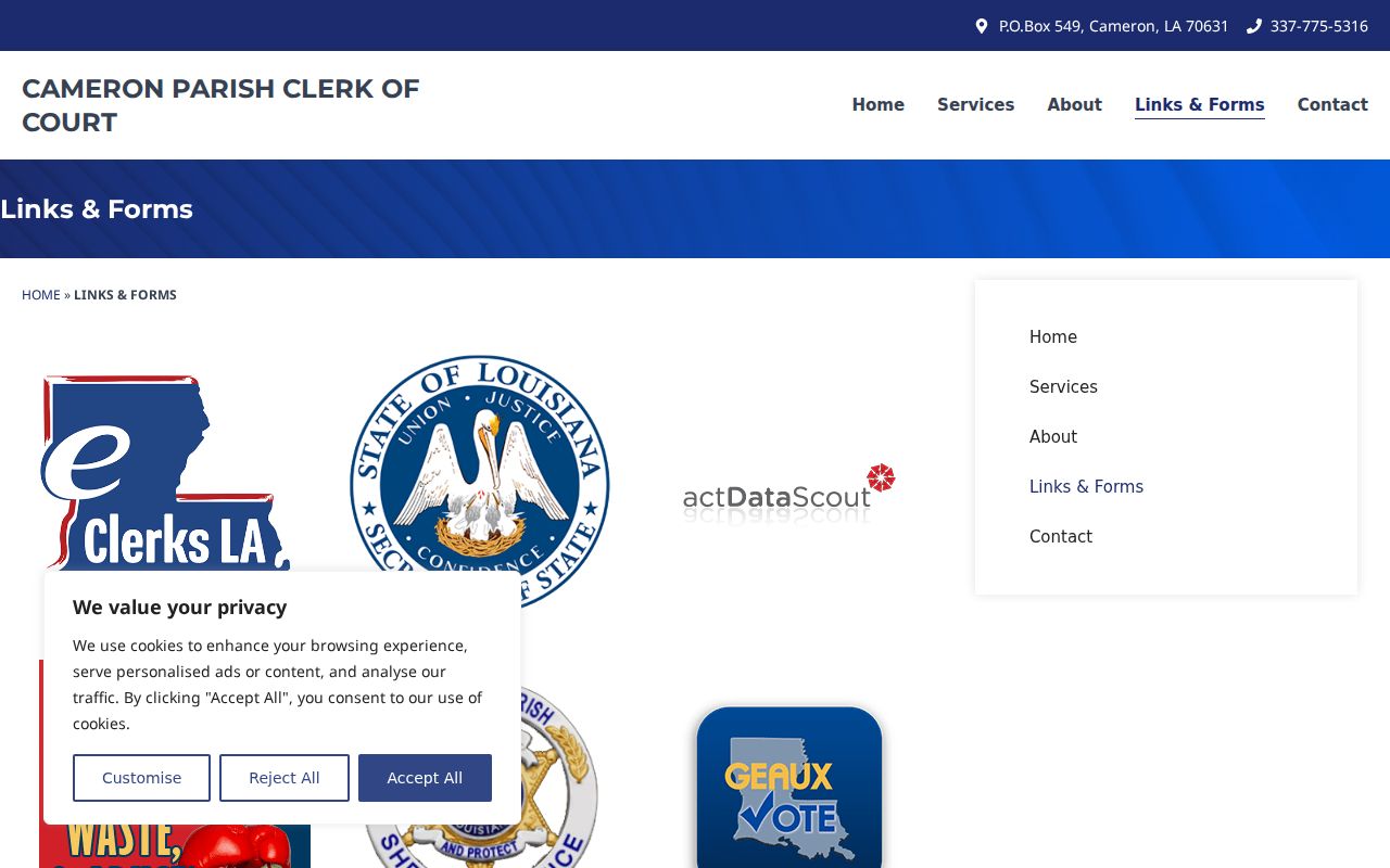 Cameron Parish court record search Clerk forms and links page