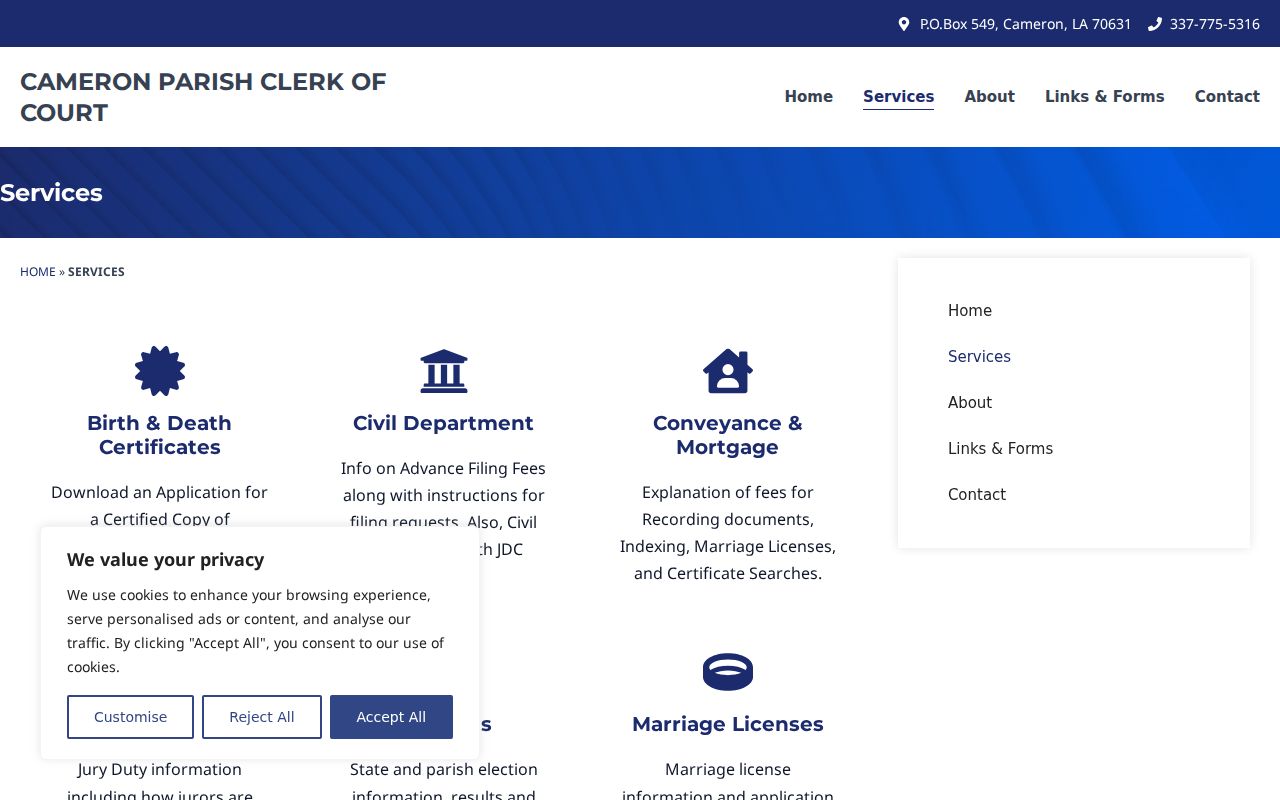 Cameron Parish court docket copy and service information at the Clerk of Court