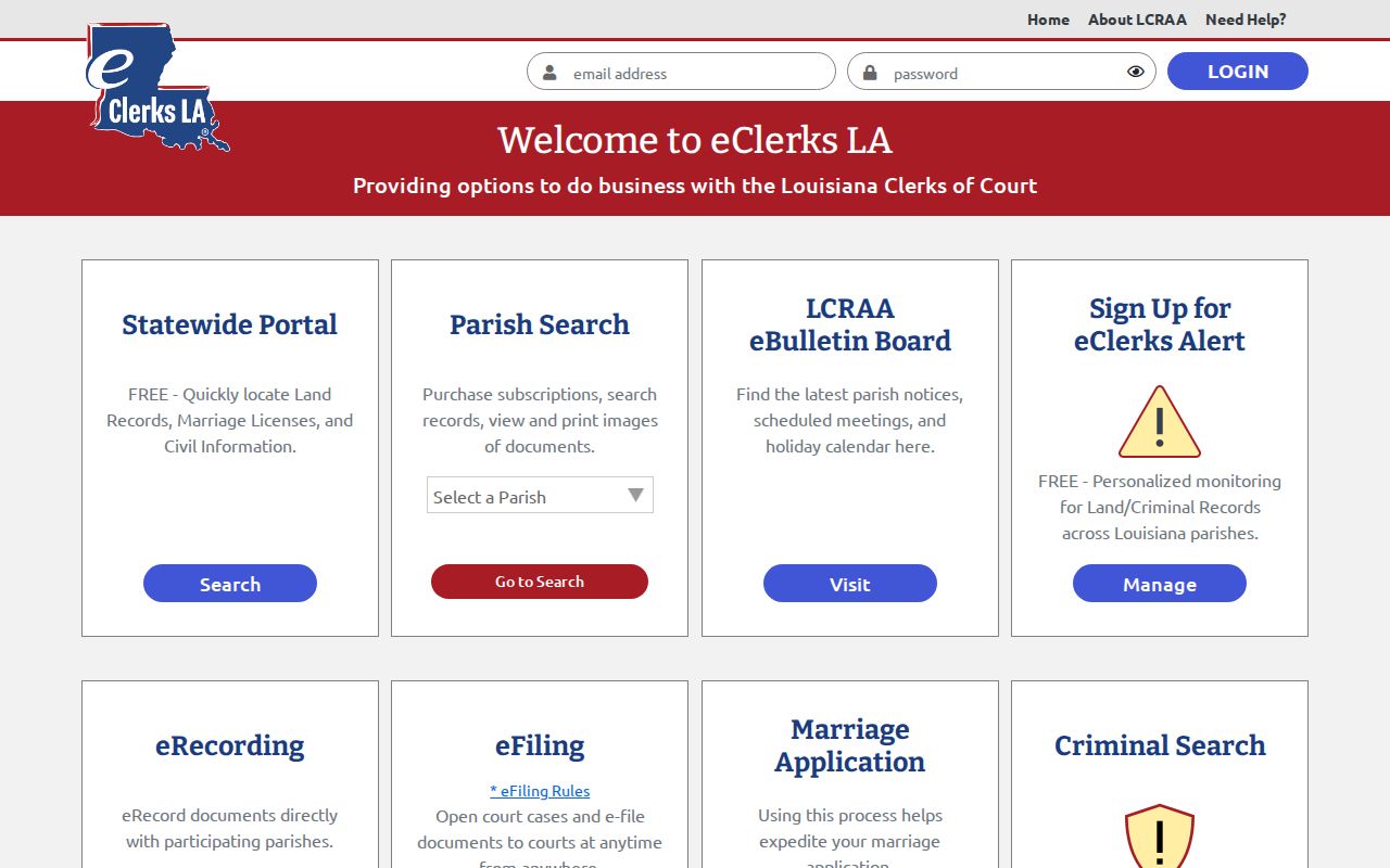 Cameron Parish court docket access through the eClerks LA records portal